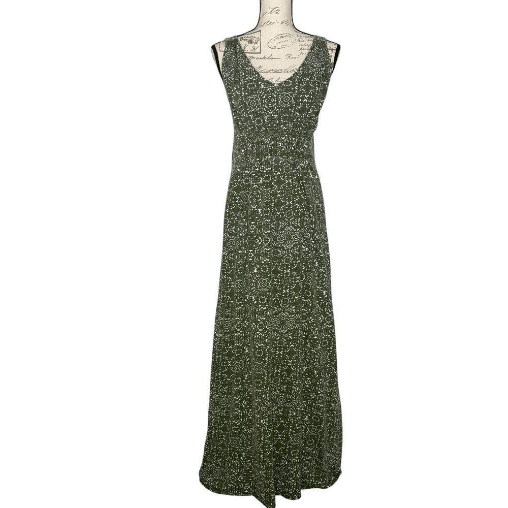 Eddie Bauer Olive Green Geometric Smocked Sleeveless V Neck Maxi Dress Tall M